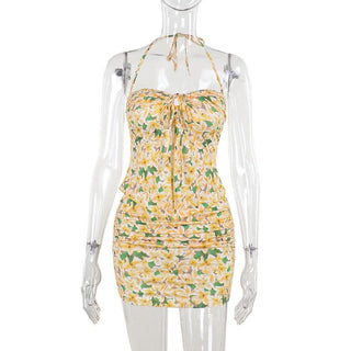 Halter flower print ruched mini skirt set