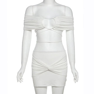 Off shoulder self tie ruched mini skirt set