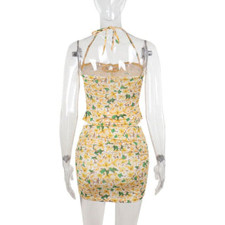 Halter flower print ruched mini skirt set