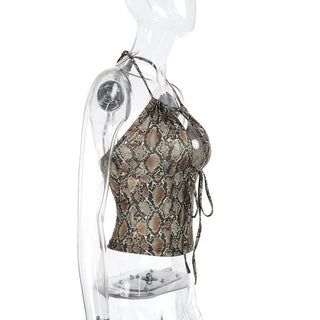 Snakeskin print halter hollow out cut out top