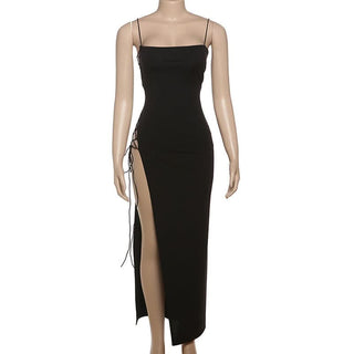 Spaghetti strap high slit lace up cami maxi dress
