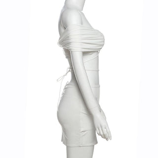 Off shoulder self tie ruched mini skirt set