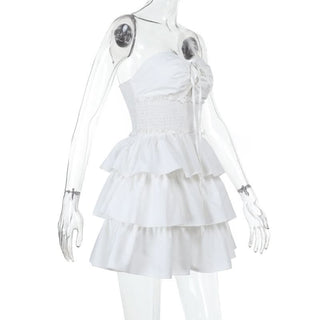 Smocked ruffle self tie mini dress