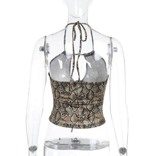 Snakeskin print halter hollow out cut out top