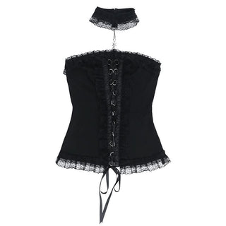 Ruffle halter lace up lace tube top