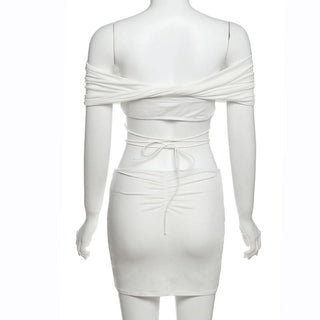 Off shoulder self tie ruched mini skirt set