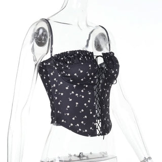 Flower print ruched lace up cami top