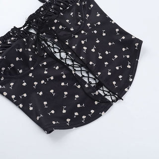 Flower print ruched lace up cami top