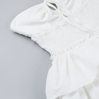 Smocked ruffle self tie mini dress