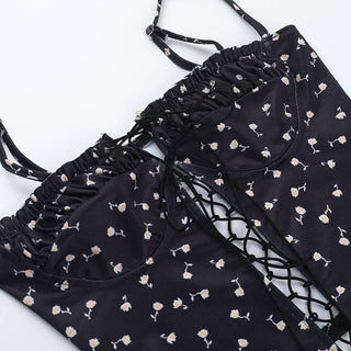 Flower print ruched lace up cami top