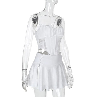 Corset lace button slit cami mini skirt set