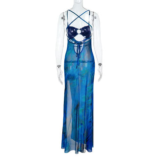 Cowl neck high slit mesh o ring contrast cami maxi dress