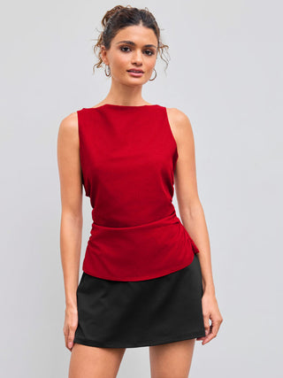 Linen-blend Boat Neckline Solid Bowknot Tank Top