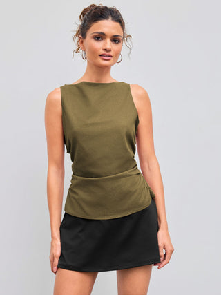 Linen-blend Boat Neckline Solid Bowknot Tank Top