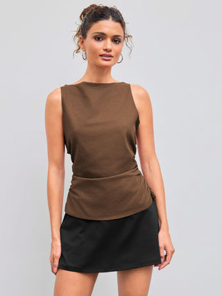 Linen-blend Boat Neckline Solid Bowknot Tank Top