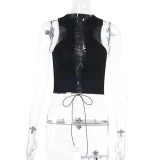 Lace up hollow out ruffle solid crop cut out top