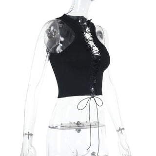 Lace up hollow out ruffle solid crop cut out top