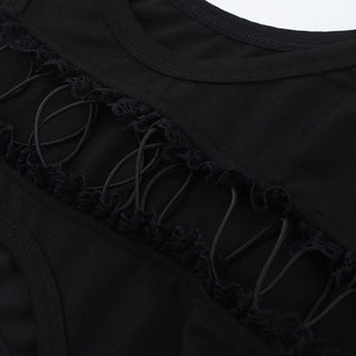Lace up hollow out ruffle solid crop cut out top