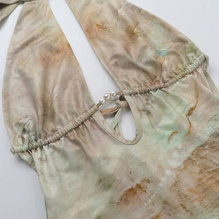 Halter self tie hollow out print beaded cut out mini dress