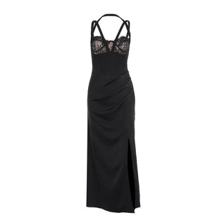 Slit zip-up lace ruched halter backless midi dress