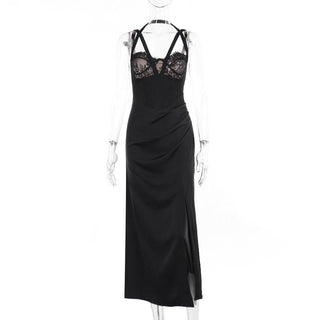 Slit zip-up lace ruched halter backless midi dress