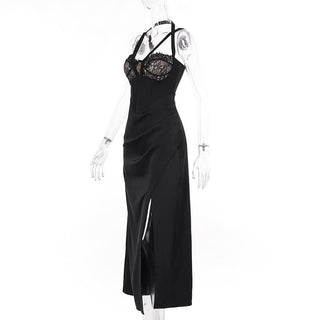 Slit zip-up lace ruched halter backless midi dress
