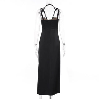 Slit zip-up lace ruched halter backless midi dress