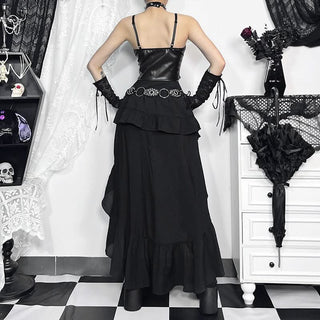 Irregular ruffle ruched solid midi skirt