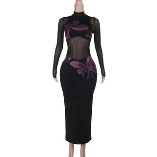 Long sleeve high neck beaded mesh slit midi dress