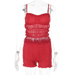 Ruffle ruched mesh tassels solid cami pant set