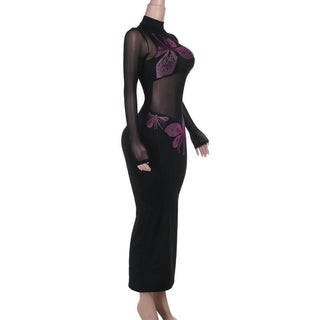 Long sleeve high neck beaded mesh slit midi dress