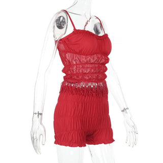 Ruffle ruched mesh tassels solid cami pant set