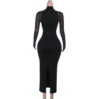 Long sleeve high neck beaded mesh slit midi dress