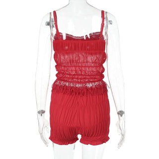 Ruffle ruched mesh tassels solid cami pant set