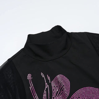 Long sleeve high neck beaded mesh slit midi dress