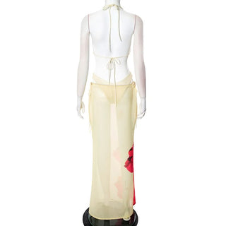 Halter self tie v neck print 3 piece maxi skirt set