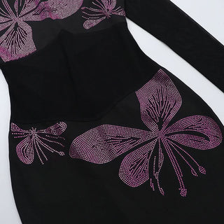 Long sleeve high neck beaded mesh slit midi dress