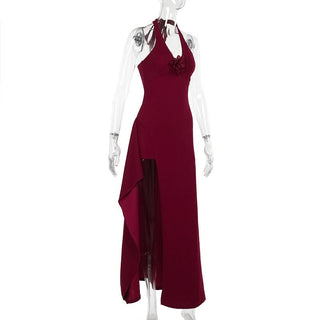 Slit halter self tie flower applique zip-up maxi dress