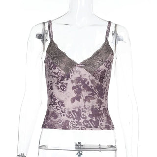 Lace hem v neck bowknot print cami top