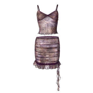 Ruffle v neck ruched print cami mini skirt set