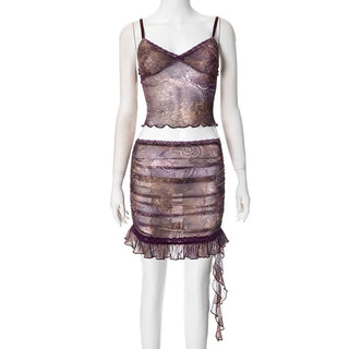 Ruffle v neck ruched print cami mini skirt set