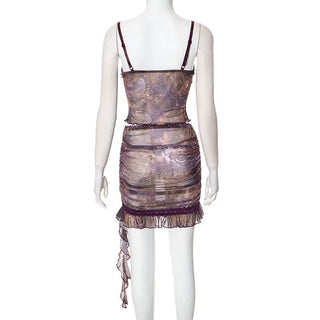 Ruffle v neck ruched print cami mini skirt set