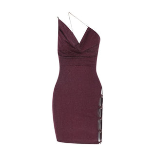 Cowl neck hollow out o ring metal chain cami cut out mini dress