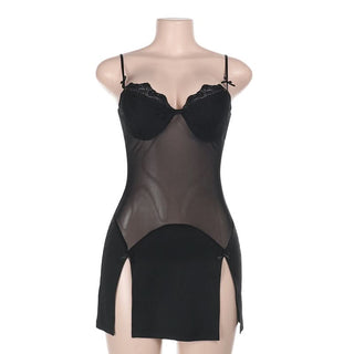 Bowknot v neck lace hem slit cami mini dress