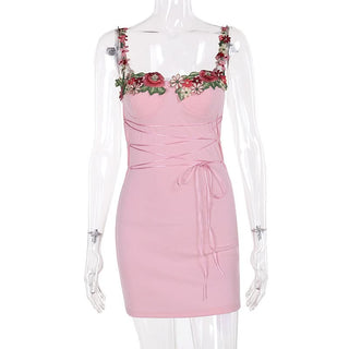 Self tie flower applique square neck cami mini dress