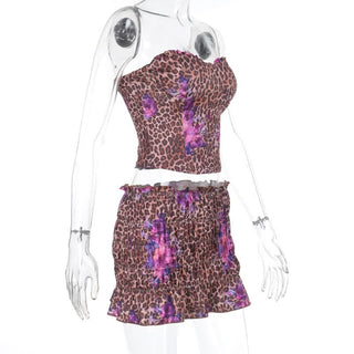 Leopard print ruched sweetheart neck tube mini skirt set