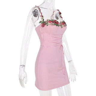 Self tie flower applique square neck cami mini dress