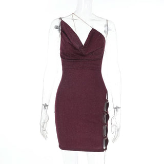 Cowl neck hollow out o ring metal chain cami cut out mini dress