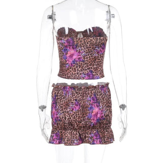 Leopard print ruched sweetheart neck tube mini skirt set