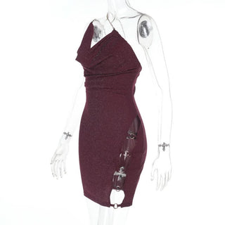 Cowl neck hollow out o ring metal chain cami cut out mini dress